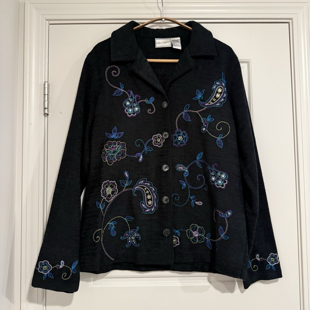 Vintage Napa Valley Tapestry Brocade Blazer Jacket Black Womens Size S Mature